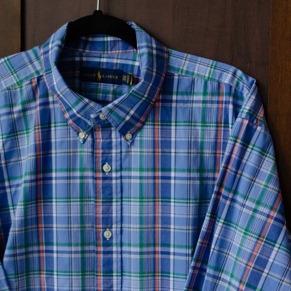 Ralph Lauren 2XB Long Sleeve Button-Down Shirt – Blue Green Plaid Oxford